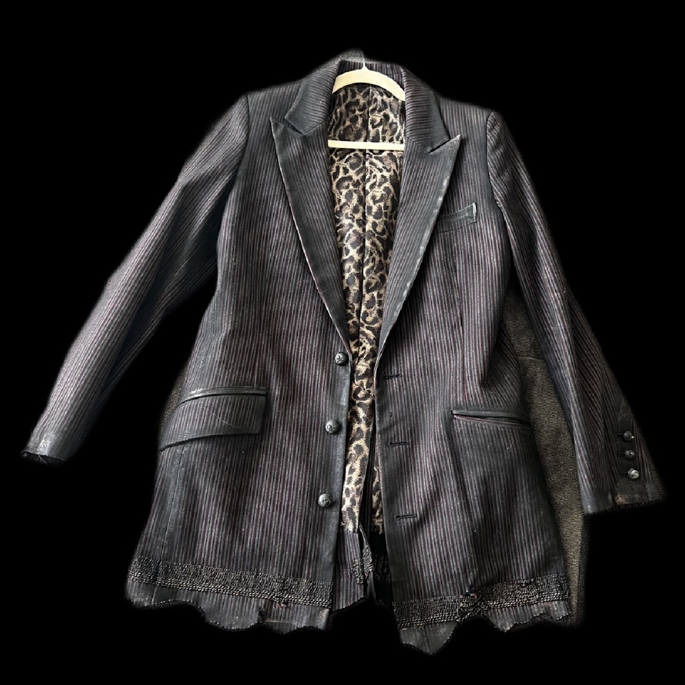 Black Pinstripe Blazer with Leopard Lining